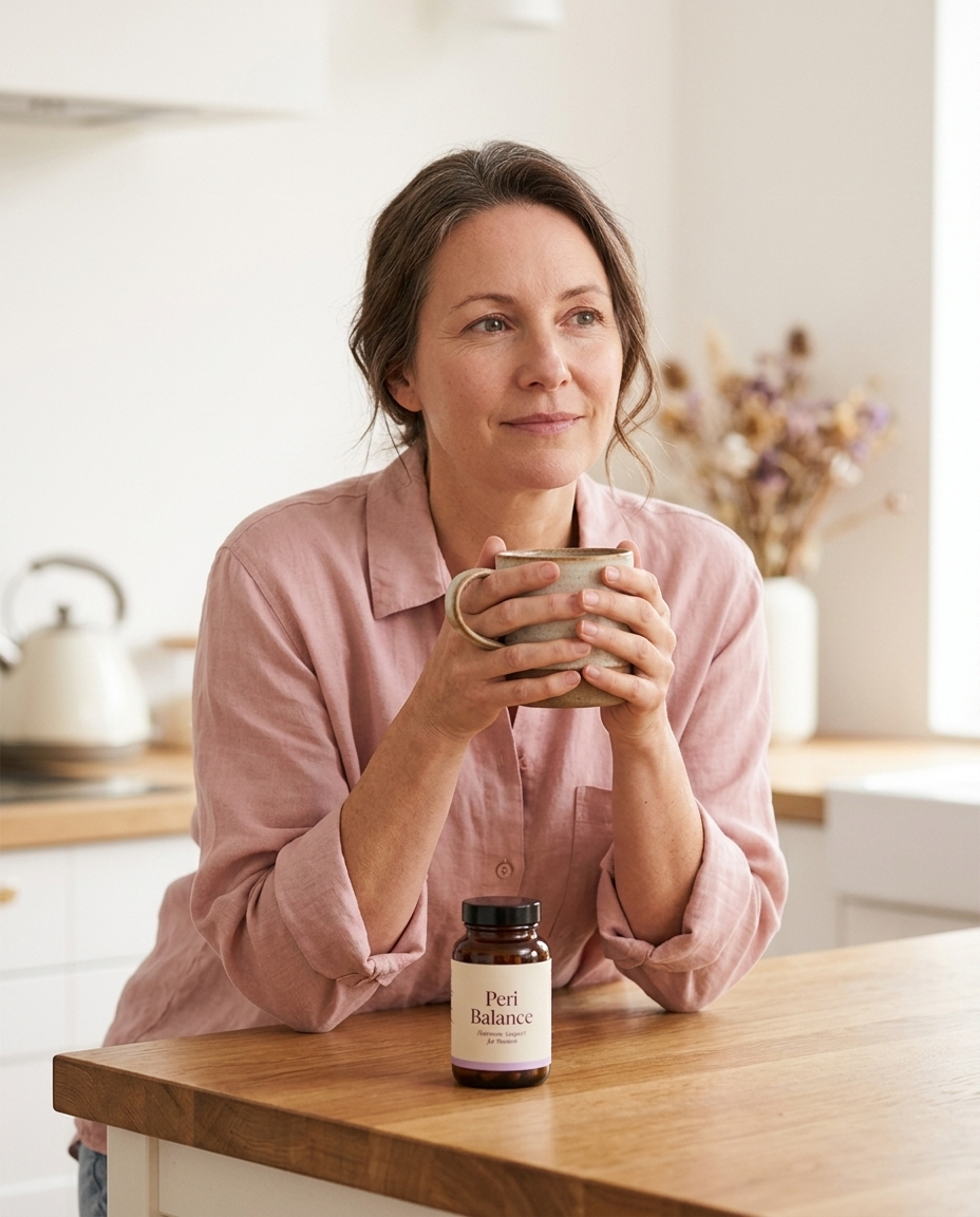 Woman in her late 40s enjoying tea with Peri Balance on the counter